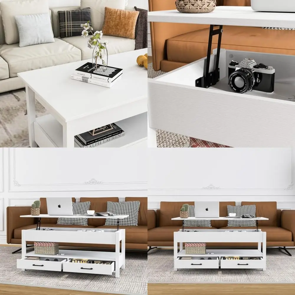 Retro-Style White Wooden Coffee Table with Lift Top, 2 Drawers, and Open Shelf for Living Room
Retro-Style White Wooden Coffee Table with Lift Top, 2 Drawers, and Open Shelf for Living Room