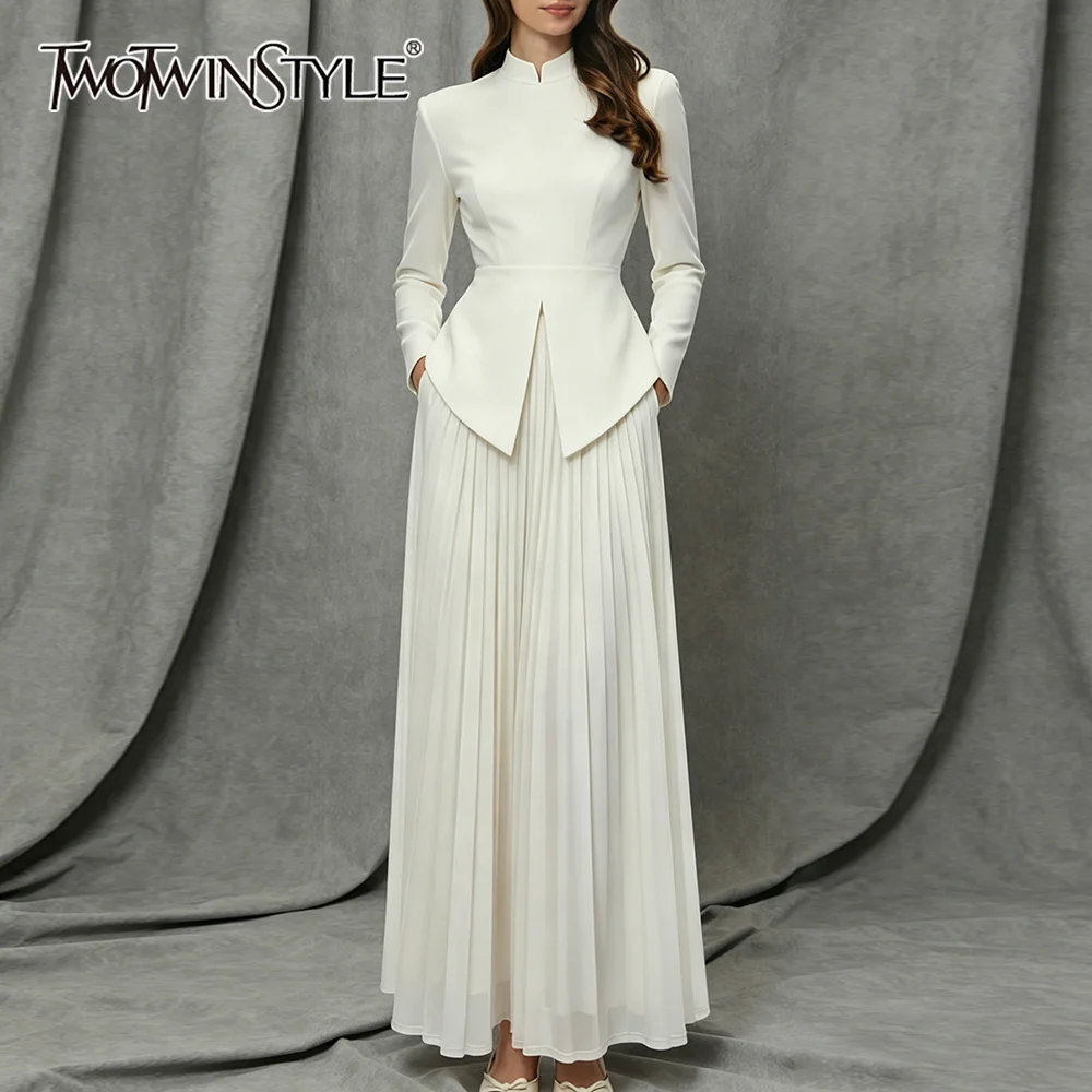 TWOTWINSTYLE Elegant Solid Dresses for Women Stand Collar Long Sleeve High Waist Patchwork Folds A Line Dress Female Fashion New
TWOTWINSTYLE Elegant Solid Dresses for Women Stand Collar Long Sleeve High Waist Patchwork Folds A Line Dress Female Fashion New