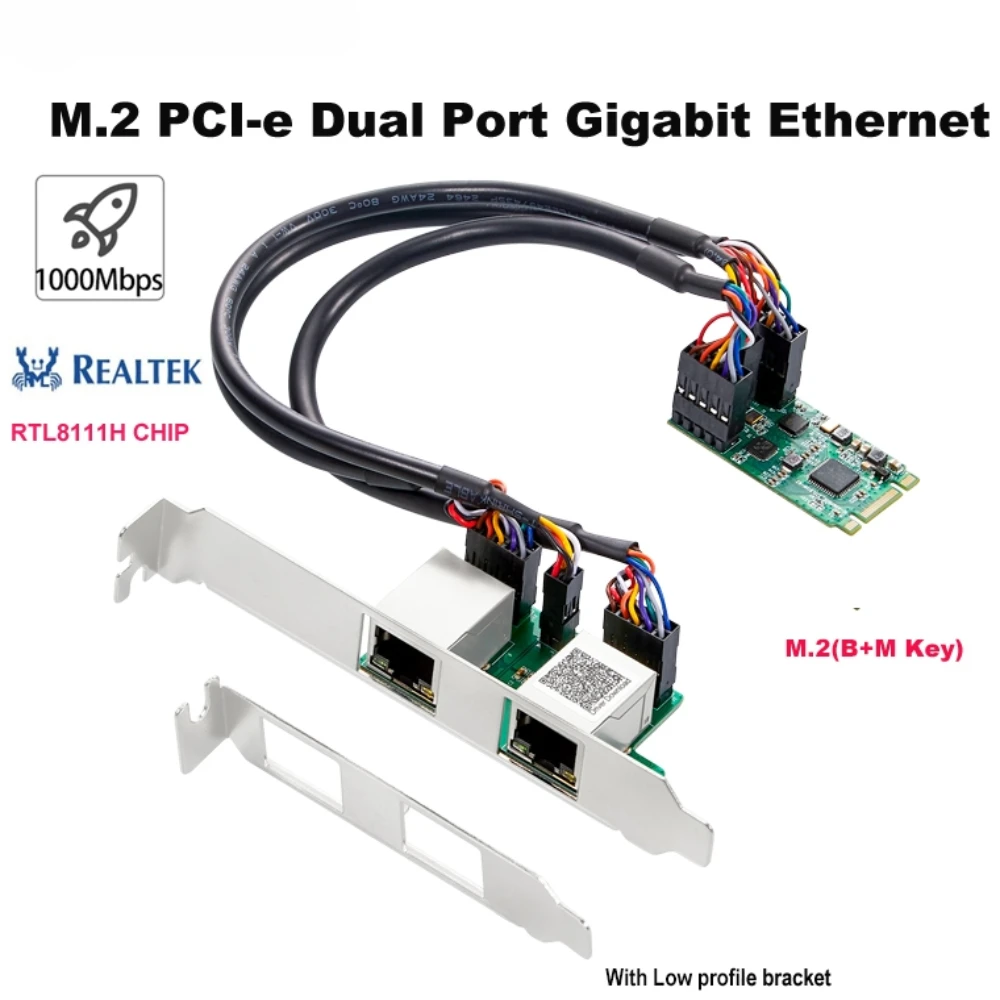 M.2 Dual Port Gigabit Ethernet Card M key B key PCIe 2 Ports 1000Mbps 1G Nic Network Realtek 8111H Chip for PC
M.2 Dual Port Gigabit Ethernet Card M key B key PCIe 2 Ports 1000Mbps 1G Nic Network Realtek 8111H Chip for PC