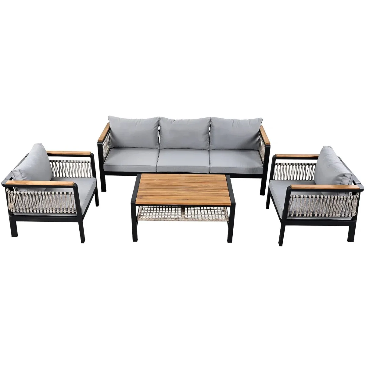 #Modern Outdoor Sofa Set Black Aluminum Frame Light Gray Cushions Rope Weave Accents Wooden Armrests Coffee Table Poolside Patio
#Modern Outdoor Sofa Set Black Aluminum Frame Light Gray Cushions Rope Weave Accents Wooden Armrests Coffee Table Poolside Patio