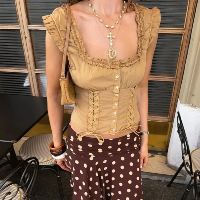 Ticketsx Summer Ruched Lace Up Tops Vintage Button Sleeveless Patchwork Crop Women's Tops Fashion Elegant Vacations Commute Tops
Ticketsx Summer Ruched Lace Up Tops Vintage Button Sleeveless Patchwork Crop Women's Tops Fashion Elegant Vacations Commute Tops