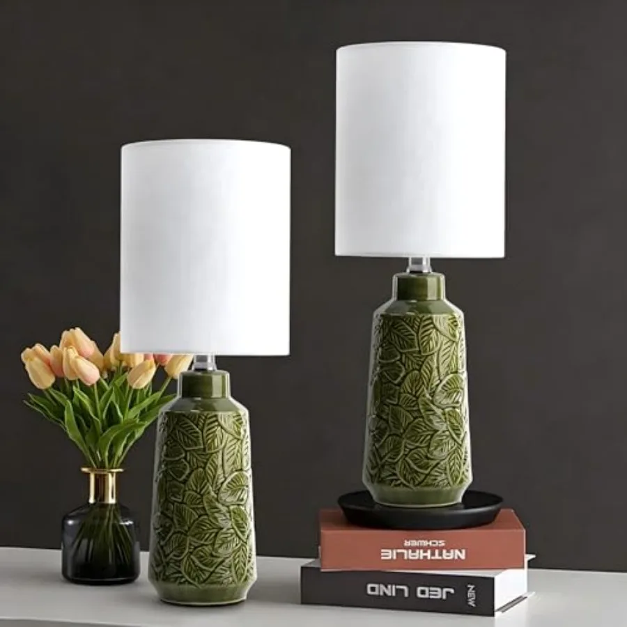 Ceramic Table Lamp Set of 2, 18" Modern Farmhouse Bedside Lamps with Leaf Pattern and White Linen Shade, Nightstand Lamps with
Ceramic Table Lamp Set of 2, 18" Modern Farmhouse Bedside Lamps with Leaf Pattern and White Linen Shade, Nightstand Lamps with