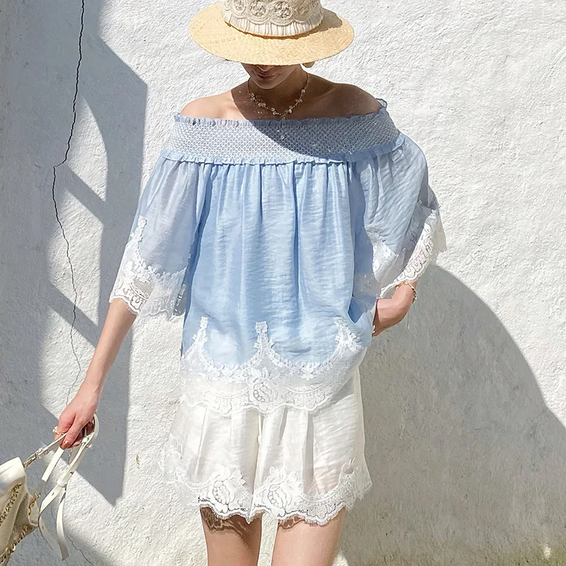 French Style Blue Off Shoulder Blouse Shirt Women Lace Trim Puff Flare Sleeve Loose Summer Casual Ladies Sexy Vacation Tops New
French Style Blue Off Shoulder Blouse Shirt Women Lace Trim Puff Flare Sleeve Loose Summer Casual Ladies Sexy Vacation Tops New