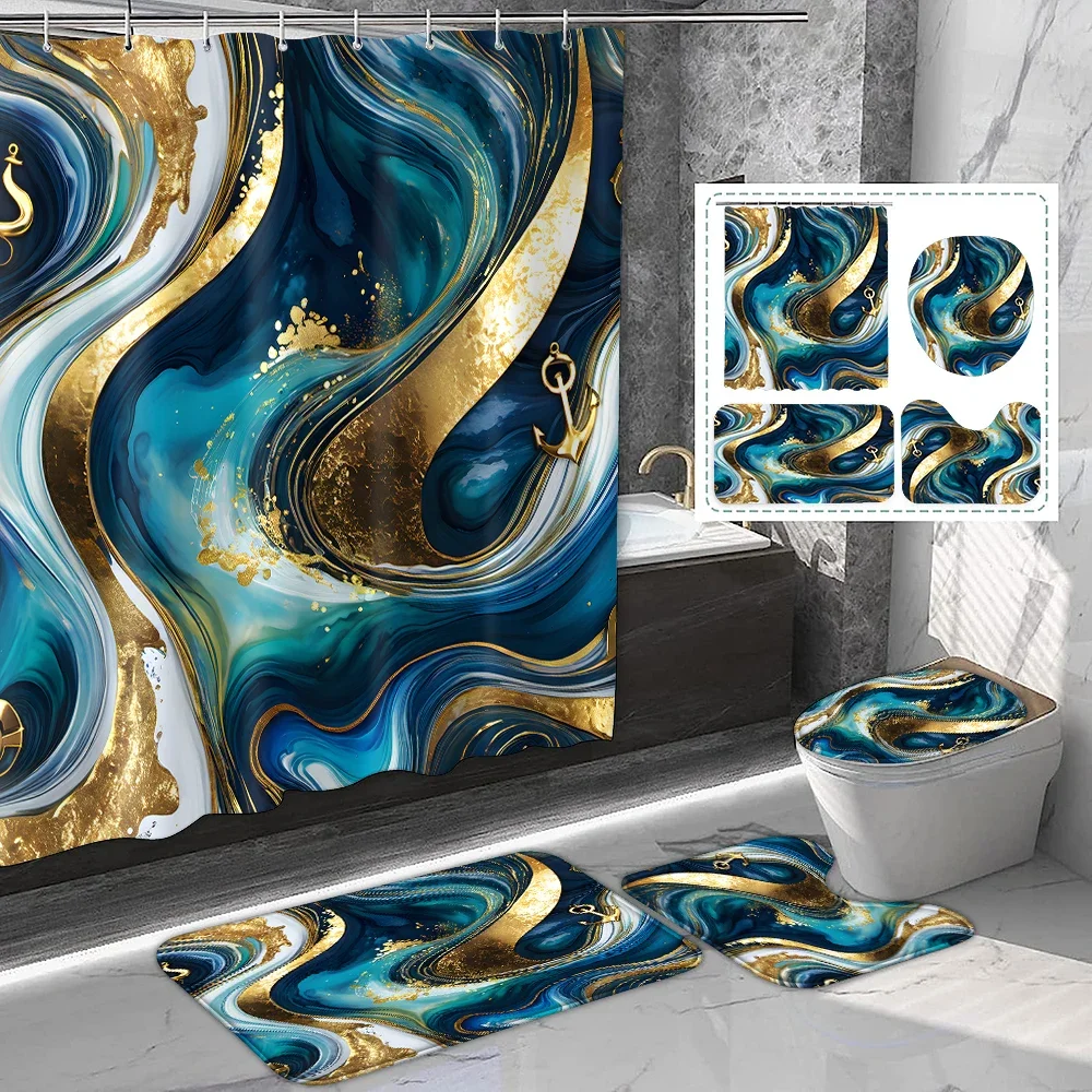 1 set of Printed Shower Curtain Set with Hooks Toilet Bathroom Mat Bathroom Supplies Blue and Gold Waves Blend
1 set of Printed Shower Curtain Set with Hooks Toilet Bathroom Mat Bathroom Supplies Blue and Gold Waves Blend