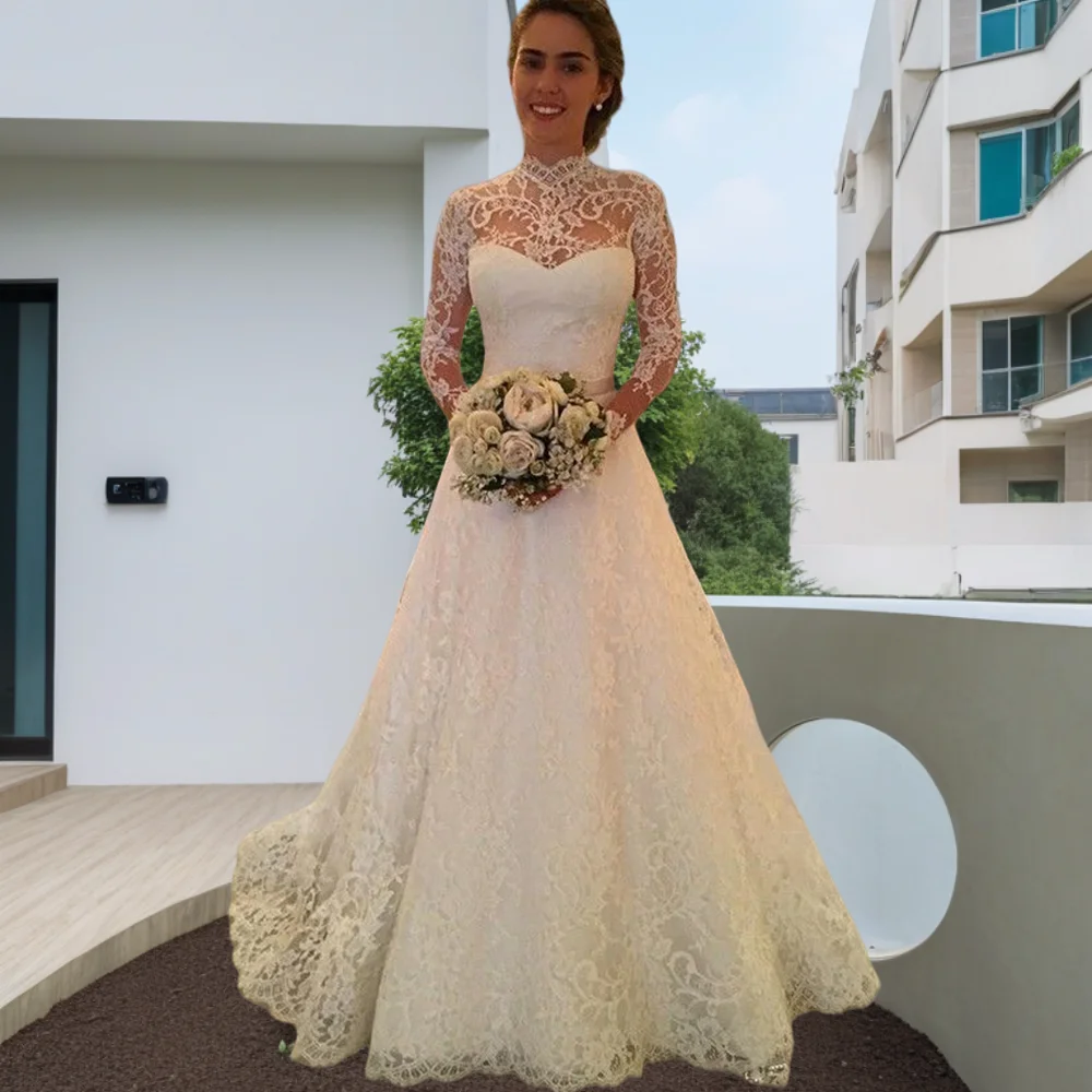 Arabic Weddings Dresses High Neck Long Sleeve Backless Bride Dress Lace A-Line Sweep Train Bridal Gown Customized robe de mariée
Arabic Weddings Dresses High Neck Long Sleeve Backless Bride Dress Lace A-Line Sweep Train Bridal Gown Customized robe de mariée
