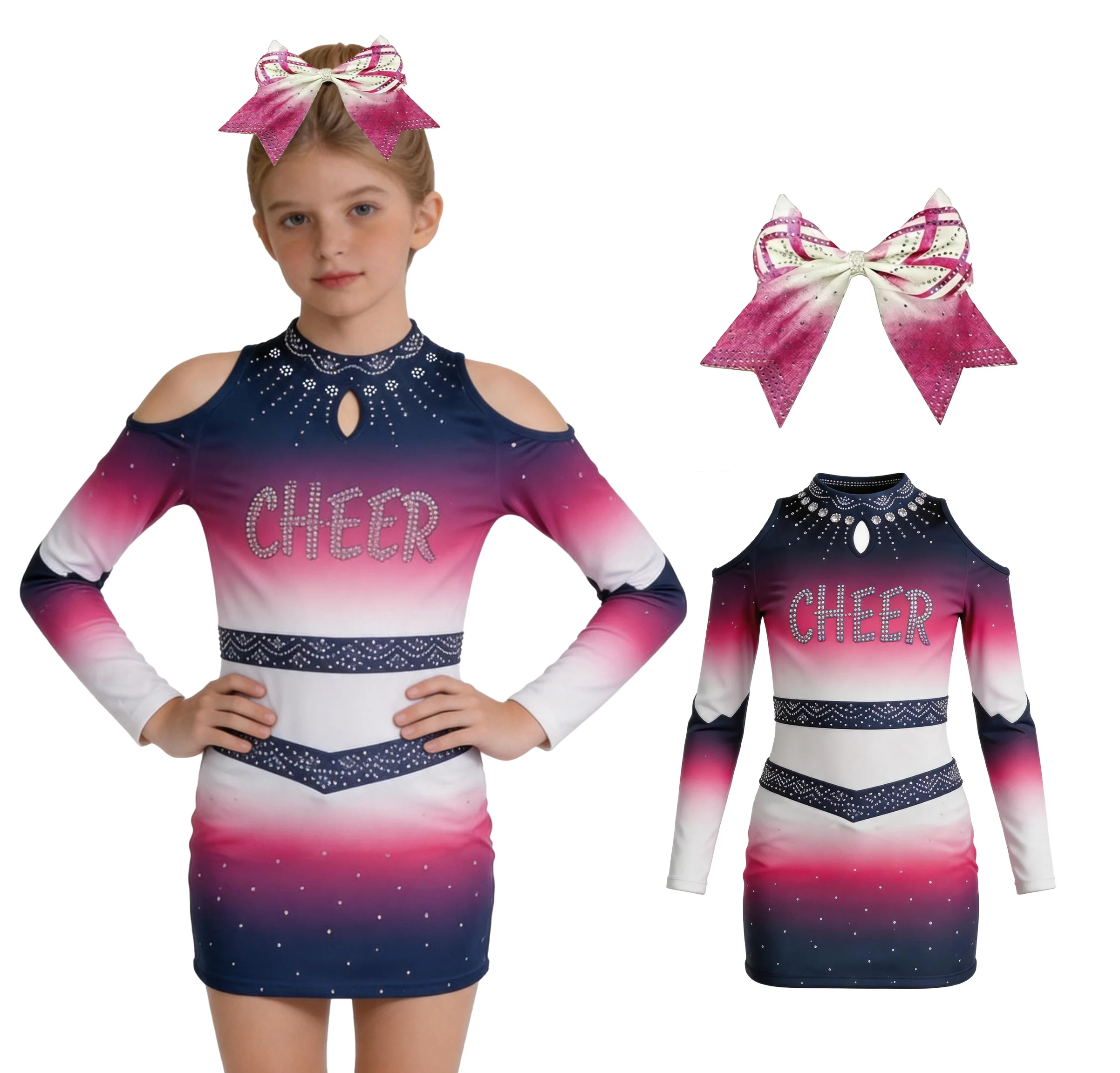 Girls Cheerleading Uniform Long Sleeve Pink Gradient Rhinestone Shoulder Cheer Dress Bow Kids Cheerleader Costume Competition
Girls Cheerleading Uniform Long Sleeve Pink Gradient Rhinestone Shoulder Cheer Dress Bow Kids Cheerleader Costume Competition