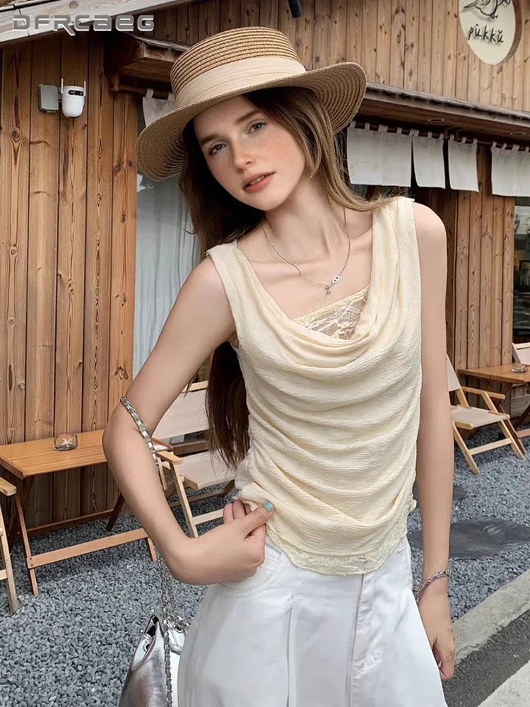 Lace Pachwork Fake Two-Piece Sleeveless T-Shirt For Women Streetwear Summer Ladies Top Chic Hotsweet Tshirt Clothes
Lace Pachwork Fake Two-Piece Sleeveless T-Shirt For Women Streetwear Summer Ladies Top Chic Hotsweet Tshirt Clothes