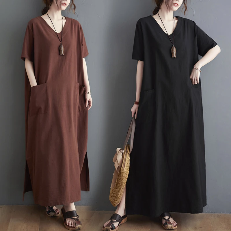 Длинная хлопково-льняная одежда больших размеров Dr ort Sve V-Ne ket Design Loose Fit, летняя модная женская одежда, накидка на живот 
Длинная хлопково-льняная одежда больших размеров Dr ort Sve V-Ne ket Design Loose Fit, летняя модная женская одежда, накидка на живот