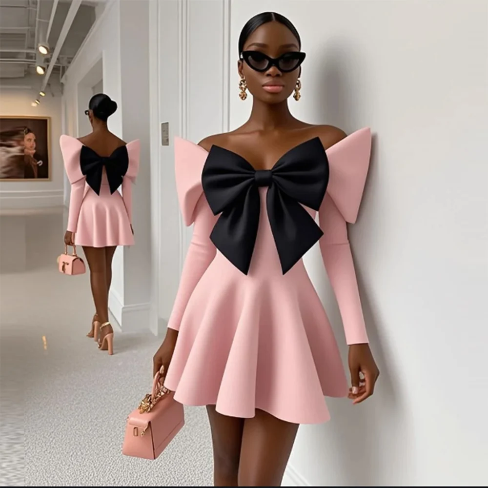 Pink Off The Shoulder Short Evening Gowns With Black Bow Long Sleeves Black Girls Cocktail Party Dress Above Knee Mini Dress
Pink Off The Shoulder Short Evening Gowns With Black Bow Long Sleeves Black Girls Cocktail Party Dress Above Knee Mini Dress