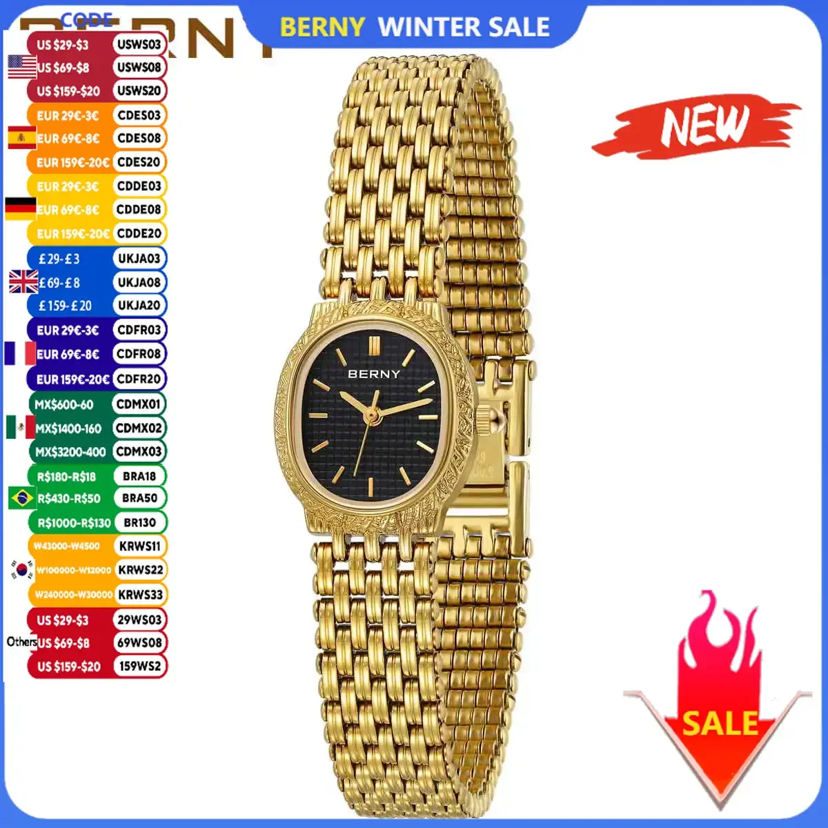 BERNY Women Quartz Watch Gold Stainless Steel Strap Luxury Elliptical Wristwatch Waterproof Simple Retro Dress Watch for Women
BERNY Women Quartz Watch Gold Stainless Steel Strap Luxury Elliptical Wristwatch Waterproof Simple Retro Dress Watch for Women