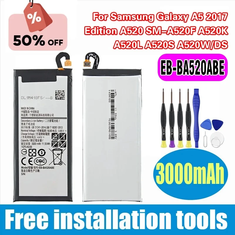 Brand New EB-BA520ABE 3000mAh Battery For Samsung Galaxy A5 2017 Edition A520 SM-A520F A520K A520L A520S A520W/DS +Tools 
Brand New EB-BA520ABE 3000mAh Battery For Samsung Galaxy A5 2017 Edition A520 SM-A520F A520K A520L A520S A520W/DS +Tools