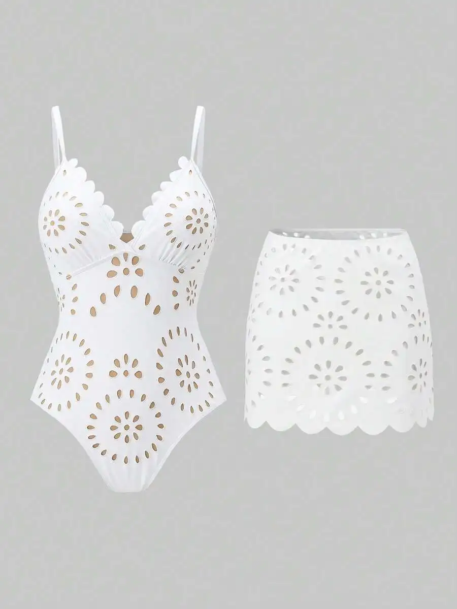 White Boho Cut-Out One-Piece Swimsuit With Matching Skirt For Beach Holiday
White Boho Cut-Out One-Piece Swimsuit With Matching Skirt For Beach Holiday