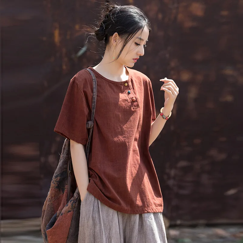 Cotton and linen women's clothing new knitted printing fried color old and improved buckle women's T-shirt fashionable and casua
Cotton and linen women's clothing new knitted printing fried color old and improved buckle women's T-shirt fashionable and casua