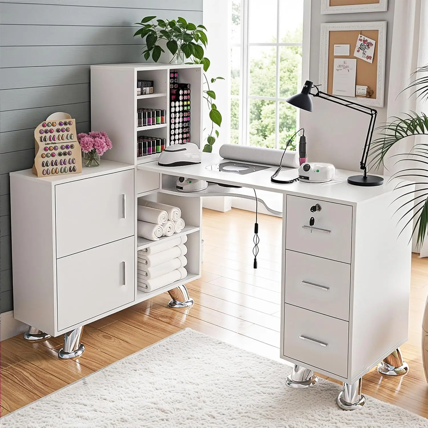 Manicure Table Nail Station w/Dust Collector - L-Shaped Nail Tech Table with Shelves, Storage Cabinets, Drawers,, Customized
Manicure Table Nail Station w/Dust Collector - L-Shaped Nail Tech Table with Shelves, Storage Cabinets, Drawers,, Customized