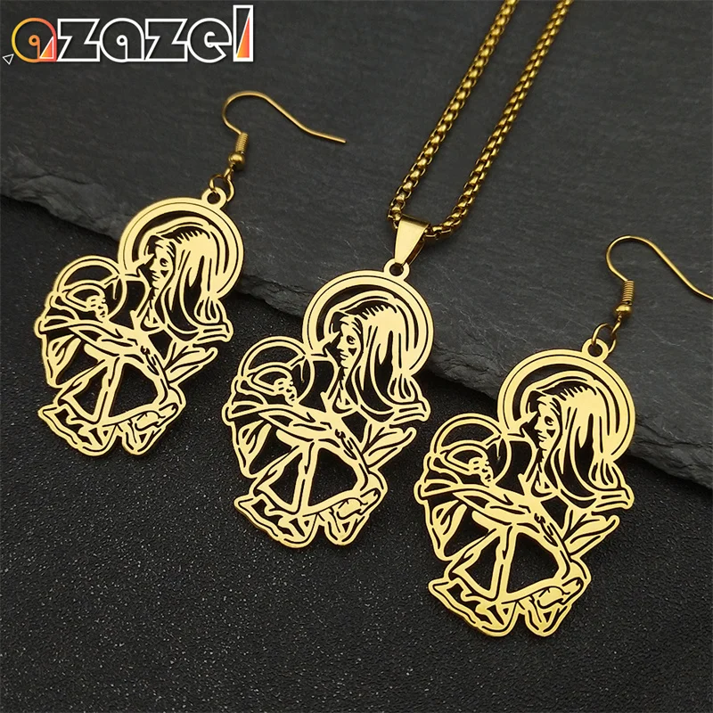 Virgin Mary and Baby Necklace Earrings Set Men Women Hollow Catholic Pendant Stainless Steel Gold Color Necklaces Jewelry Gift
Virgin Mary and Baby Necklace Earrings Set Men Women Hollow Catholic Pendant Stainless Steel Gold Color Necklaces Jewelry Gift