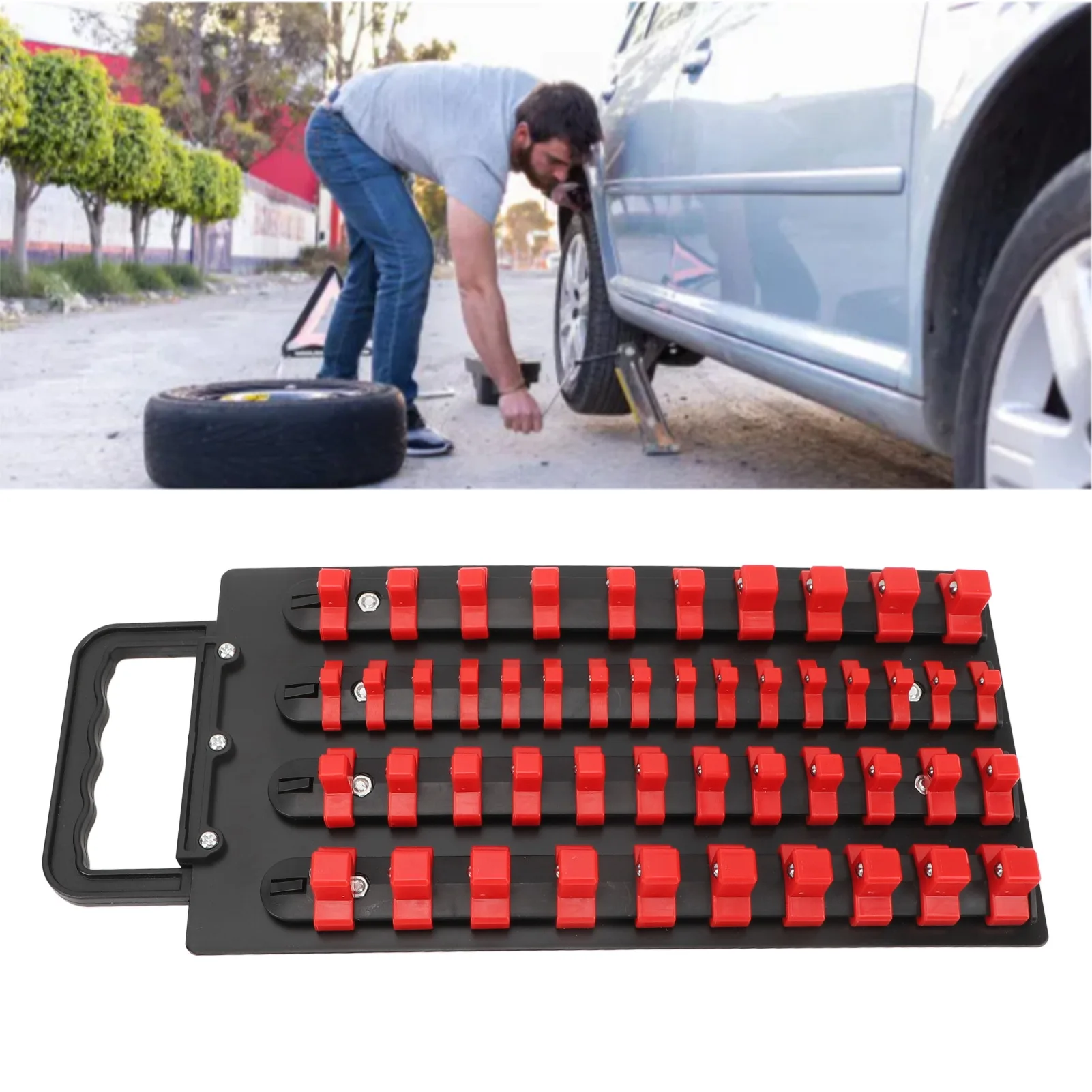 48 Piece Socket Organizer Tray 1/2 Inch X 14 Clips 3/8 Inch X 18 Clips 1/4 Inch X 16 Clips Portable Socket Rail Holder with Hand
48 Piece Socket Organizer Tray 1/2 Inch X 14 Clips 3/8 Inch X 18 Clips 1/4 Inch X 16 Clips Portable Socket Rail Holder with Hand