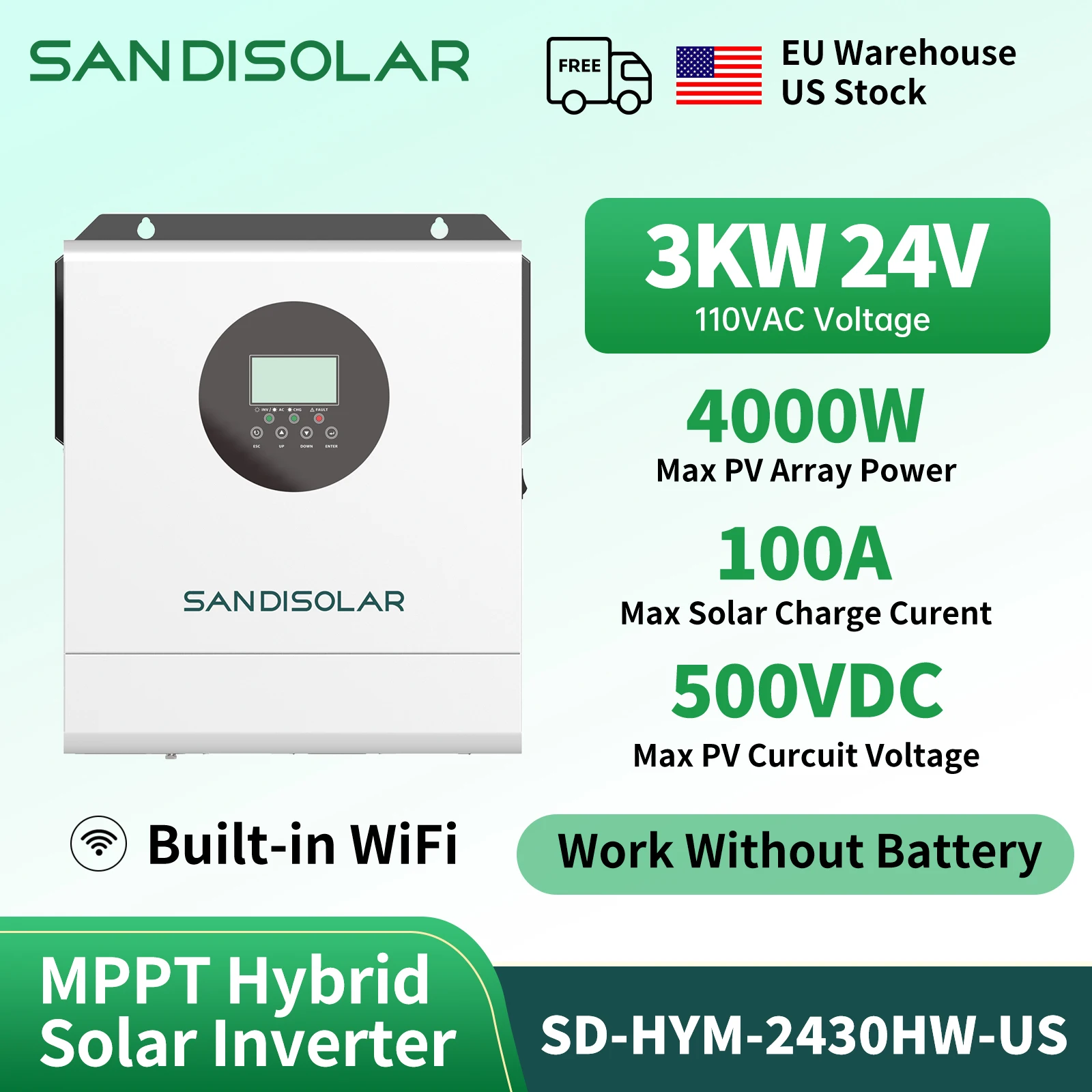 SANDISOLAR 3000W Solar Inverter Off-Grid 24V 110V PV 4000W Pure Sine Wave MPPT 100A Solar Charger Built-In Wifi US Stock
SANDISOLAR 3000W Solar Inverter Off-Grid 24V 110V PV 4000W Pure Sine Wave MPPT 100A Solar Charger Built-In Wifi US Stock