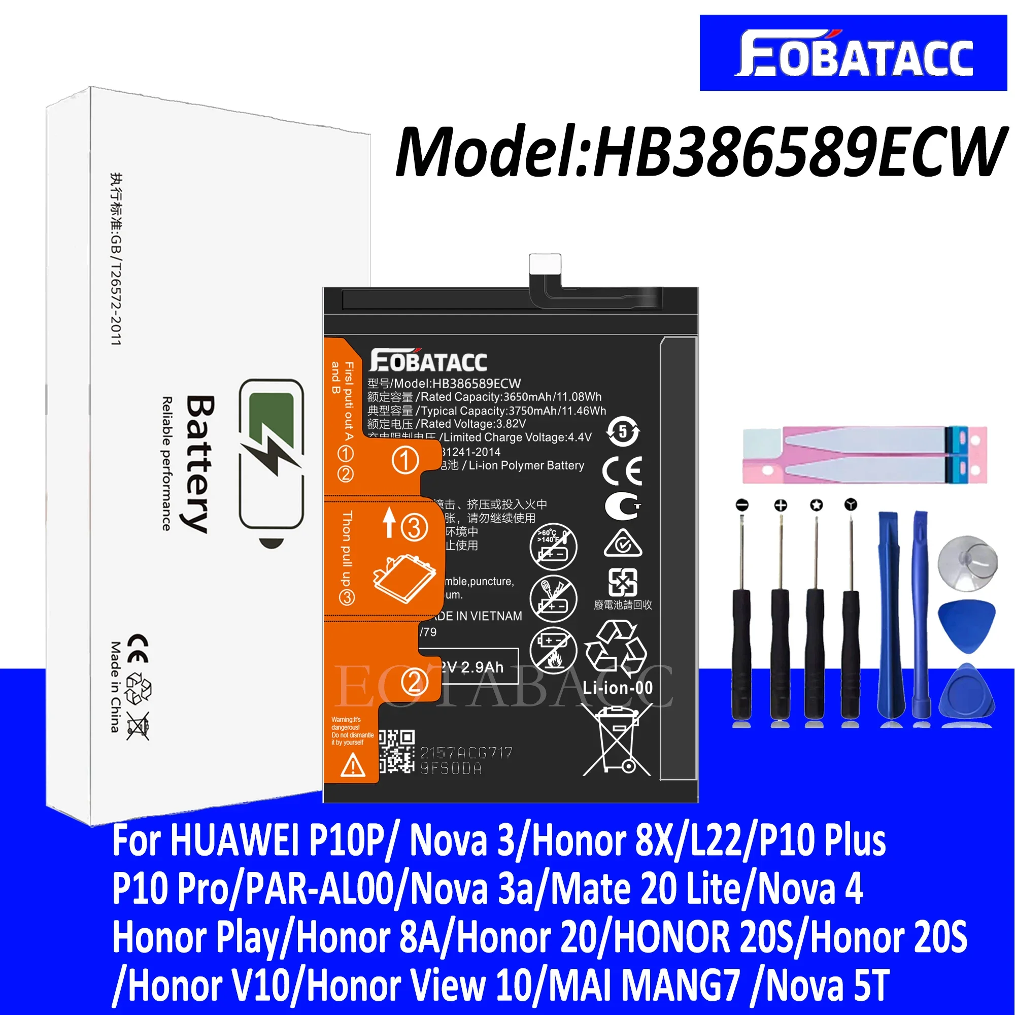 EOTABACC 100% New Original Battery HB386589ECW For HUAWEI Nova 3a/Mate 20 Lite/Nova 4/Honor Play /Honor 8A Battery +Tools
EOTABACC 100% New Original Battery HB386589ECW For HUAWEI Nova 3a/Mate 20 Lite/Nova 4/Honor Play /Honor 8A Battery +Tools