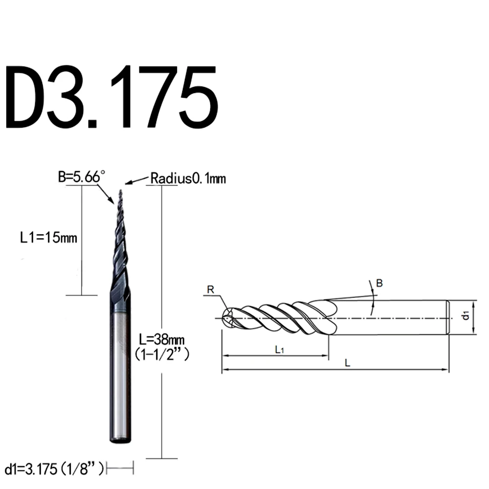 JERRAY R0.1X15XD3.175X38 HRC55 2Flutes Tungsten solid carbide Tapered Ball Nose End Mills CNC 2D 3D Carving Bits Milling cutter
JERRAY R0.1X15XD3.175X38 HRC55 2Flutes Tungsten solid carbide Tapered Ball Nose End Mills CNC 2D 3D Carving Bits Milling cutter