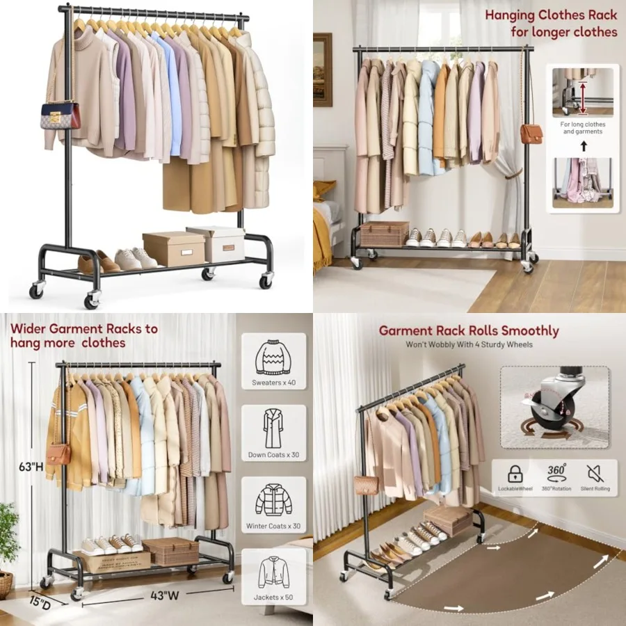 Heavy Duty Clothing Racks for Hanging Clothes Rack, 43" Wide Rolling Garment Rack Metal Clothing Hanger Rack with Wheels Wardro
Heavy Duty Clothing Racks for Hanging Clothes Rack, 43" Wide Rolling Garment Rack Metal Clothing Hanger Rack with Wheels Wardro
