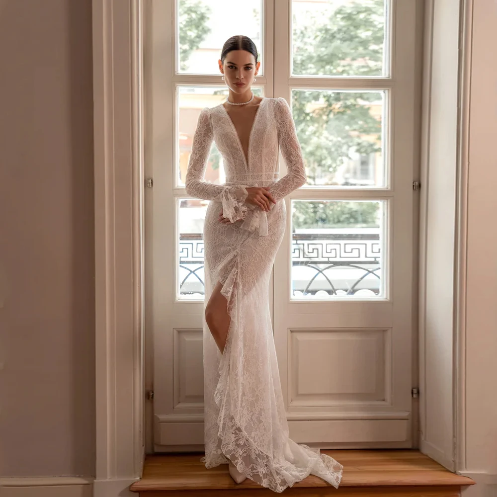 Lace Wedding Dresses Luxury 2025 Mermaid Full Sleeve Front Split Bride Gowns Applique Sweep Train Vestidos De Novia Customized
Lace Wedding Dresses Luxury 2025 Mermaid Full Sleeve Front Split Bride Gowns Applique Sweep Train Vestidos De Novia Customized