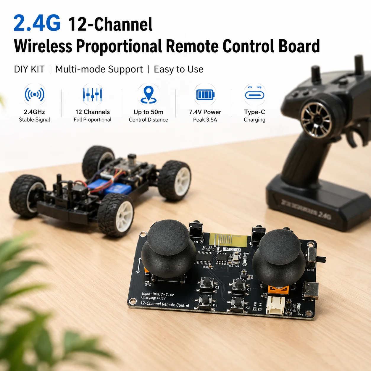 Wireless Remote Control DIY Kit 2.4GHz 12 Channel Full Scale Speed for Motor Control with Type-C Charging
Wireless Remote Control DIY Kit 2.4GHz 12 Channel Full Scale Speed for Motor Control with Type-C Charging