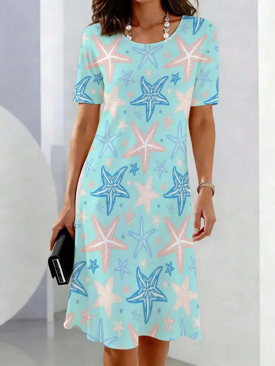Womens Casual Starfish Print Short Sleeve Crew Neck Dress For Leisure
Womens Casual Starfish Print Short Sleeve Crew Neck Dress For Leisure