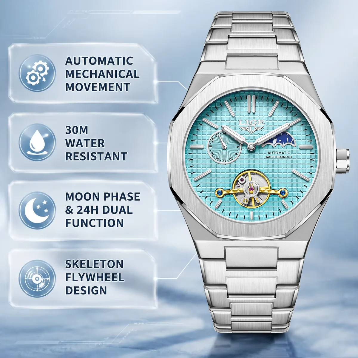 LIGE Fashion Men's Luxury Watch Stainless Steel Mechanical Wristwatch Moon Phase Business Luminous Classic Tourbillon Men Watch
LIGE Fashion Men's Luxury Watch Stainless Steel Mechanical Wristwatch Moon Phase Business Luminous Classic Tourbillon Men Watch