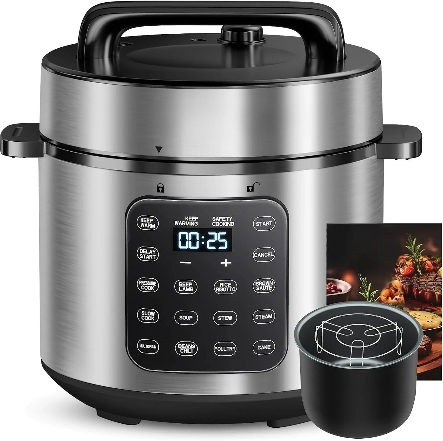 Electric Pressure Cooker 6 Quart 9-in-1 Multi-Functional Sauté Function Keep Warm Function All Seasons Universal Silver
Electric Pressure Cooker 6 Quart 9-in-1 Multi-Functional Sauté Function Keep Warm Function All Seasons Universal Silver