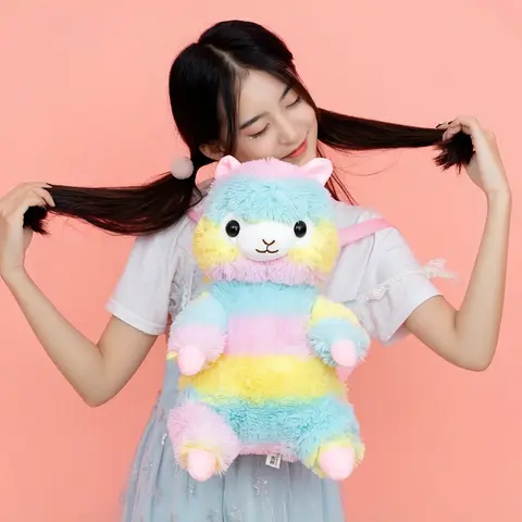 40cm Plush Alpaca Backpack Stuffed Cartoon Animal Double Shoulders Bag Plushie White Rainbow Colors Bag for Shopping Gift