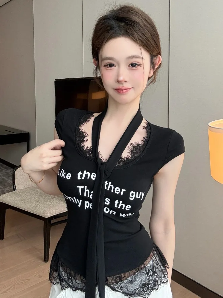 Sexy Girl Style Lace Splice Letter Fake Two-Piece Short Sleeve Top Women's Clothing City Walk Skin-Friendly Breathable Summer
Sexy Girl Style Lace Splice Letter Fake Two-Piece Short Sleeve Top Women's Clothing City Walk Skin-Friendly Breathable Summer