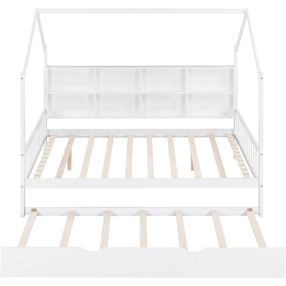 Modern Full Size House Bed with Trundle, Wood Full House Bed Frame with Shelf Compartment, Full House Beds for Kids with Roof
Modern Full Size House Bed with Trundle, Wood Full House Bed Frame with Shelf Compartment, Full House Beds for Kids with Roof