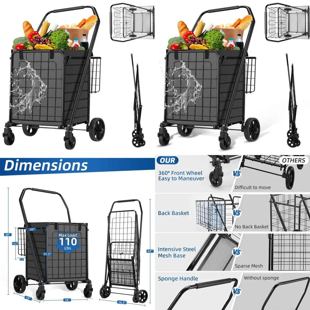 Folding Shopping Cart with Liner, 110lbs Capacity, Dual Basket Jumbo Cart for Groceries and Laundry
Folding Shopping Cart with Liner, 110lbs Capacity, Dual Basket Jumbo Cart for Groceries and Laundry