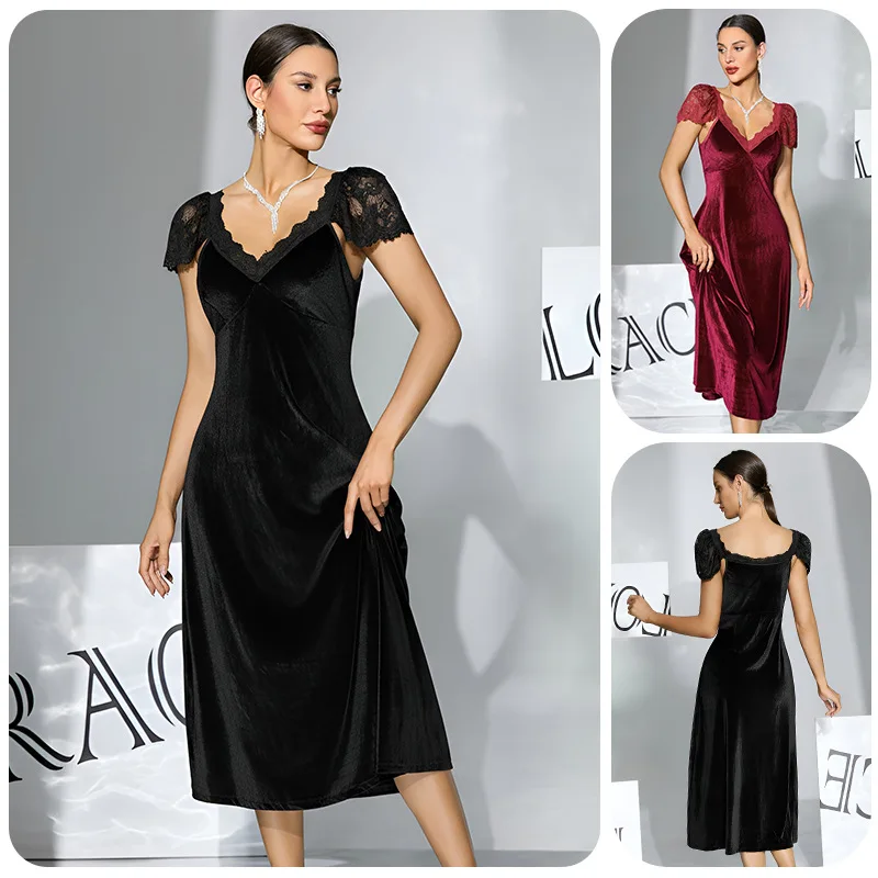Luxe Velvet Maxi Nightie: Lace Trim Short Sleeve Robe Dress, Dark Romance Sleepwear in Wine & Noir
Luxe Velvet Maxi Nightie: Lace Trim Short Sleeve Robe Dress, Dark Romance Sleepwear in Wine & Noir