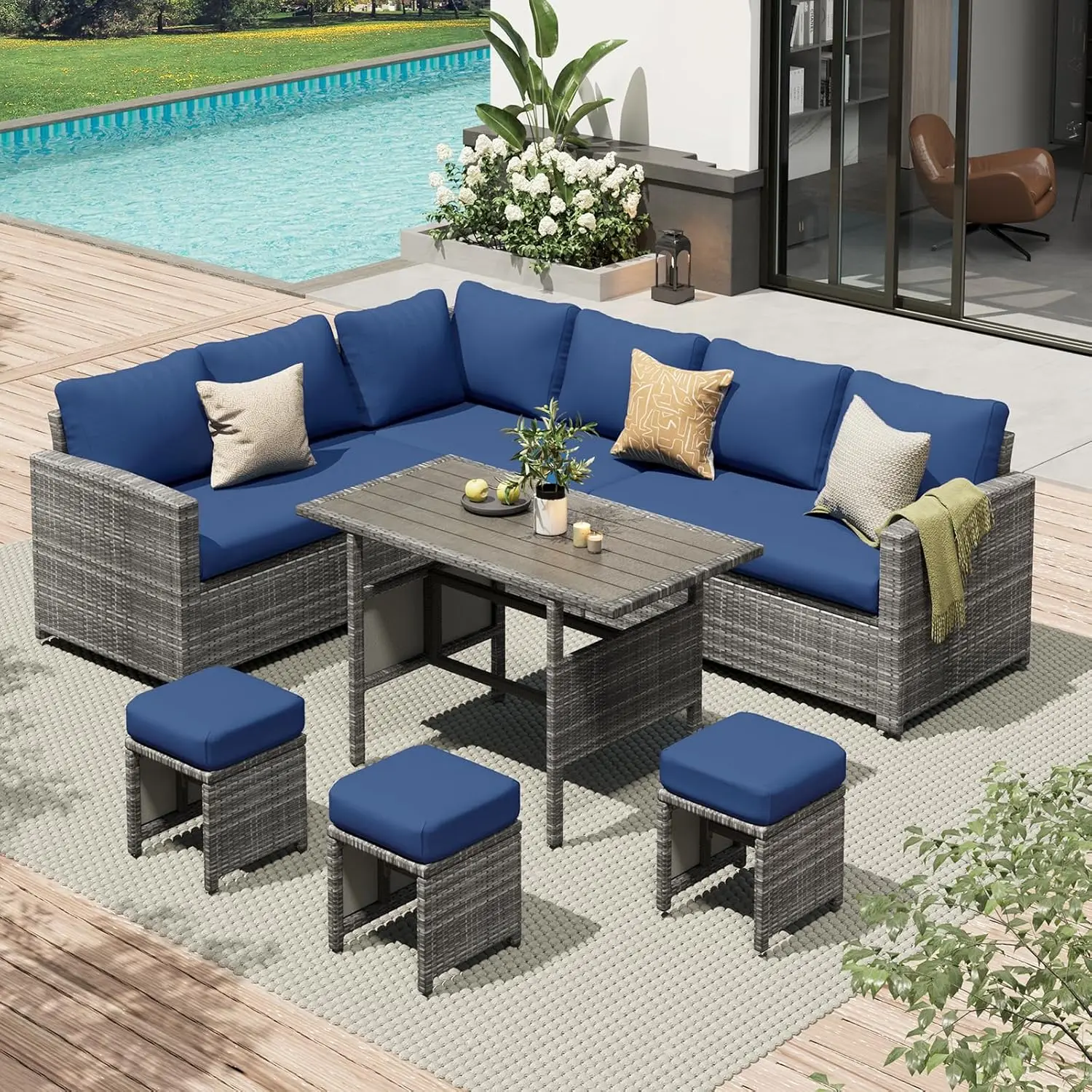 7 Pieces Patio Furniture With Cover, Wicker Rattan Outdoor Set Clearance With Dining Table&Chair, Dark Blue, Customized
7 Pieces Patio Furniture With Cover, Wicker Rattan Outdoor Set Clearance With Dining Table&Chair, Dark Blue, Customized