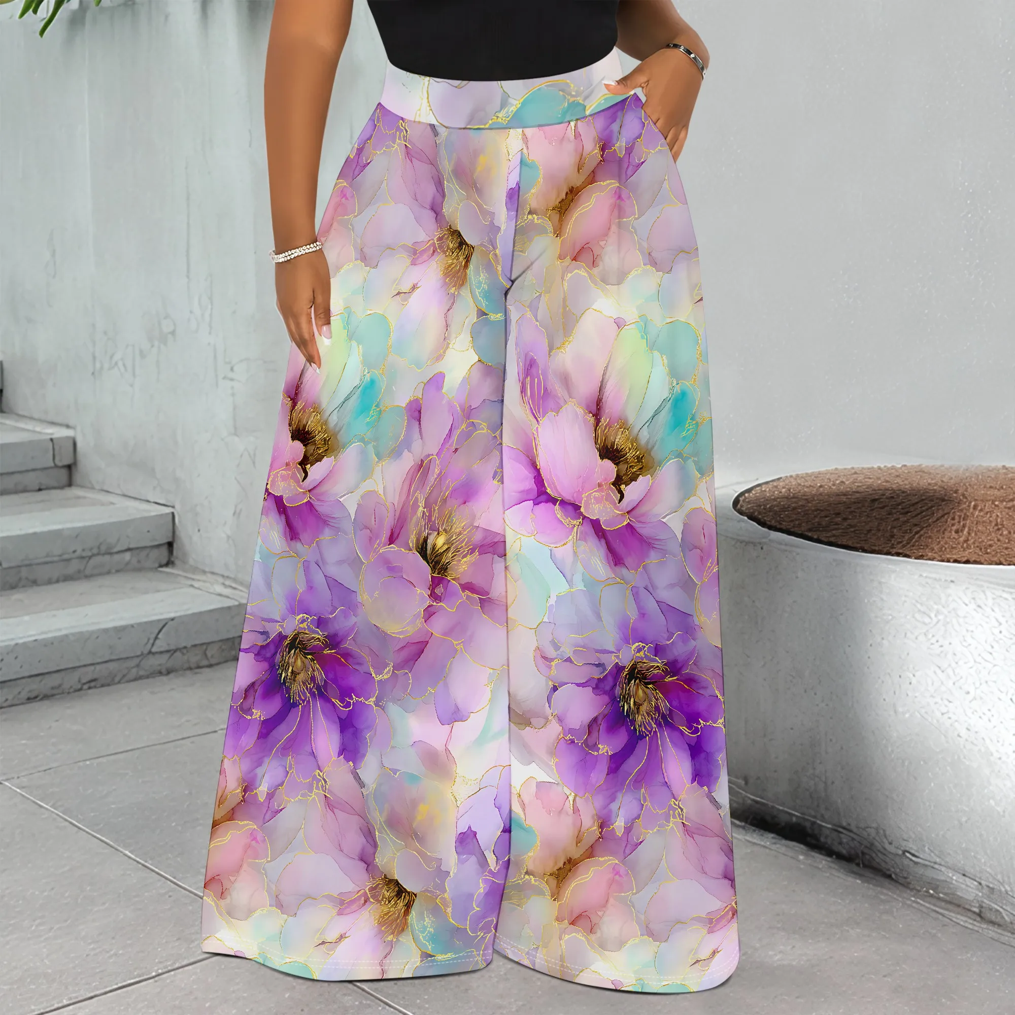 Purple Floral Print Wide Leg Pants, Watercolor Flower Trousers, Boho Style Bottoms, Summer Beach Wear for Women, S-3XL
Purple Floral Print Wide Leg Pants, Watercolor Flower Trousers, Boho Style Bottoms, Summer Beach Wear for Women, S-3XL