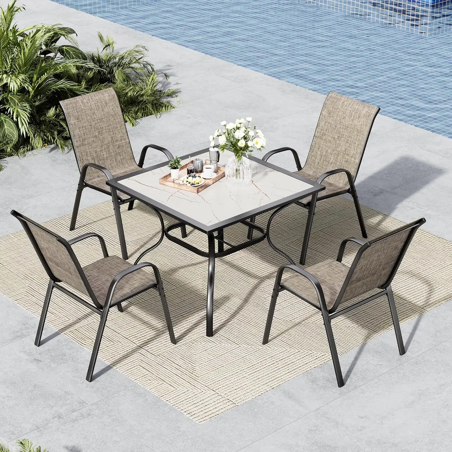 5 Piece Patio Dining Set Marble Texture Table Stackable Textilene Chairs Outdoor Garden Yard 4 Person Customized
5 Piece Patio Dining Set Marble Texture Table Stackable Textilene Chairs Outdoor Garden Yard 4 Person Customized