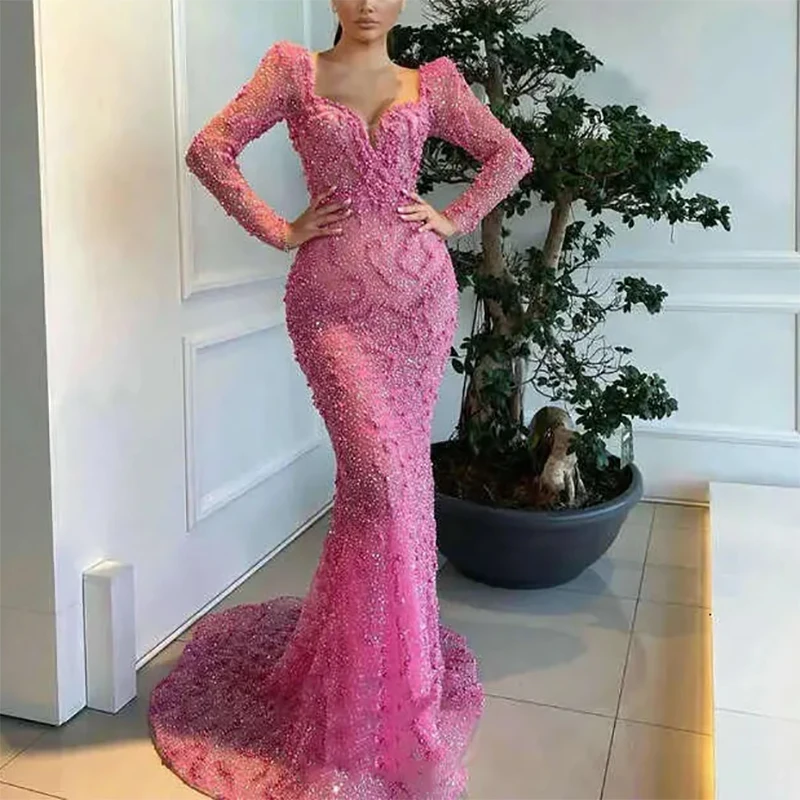 Pink Square Neck Formal Evening Dresses Full Sleeve Sequins Lace Beaded Mermaid Prom Dresses Customized فساتين سهرة
Pink Square Neck Formal Evening Dresses Full Sleeve Sequins Lace Beaded Mermaid Prom Dresses Customized فساتين سهرة