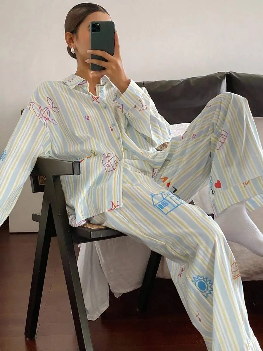 Loose Striped Graffiti Print Women Pajama Set Sleepwear Fall Winter
Loose Striped Graffiti Print Women Pajama Set Sleepwear Fall Winter