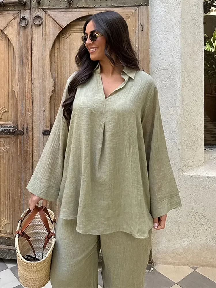 2025 Women Summer Top Pants Set Oversized Solid Color V Neck Soft Long Sleeves Blouse Wide Leg Trousers Casual Female Clothes
2025 Women Summer Top Pants Set Oversized Solid Color V Neck Soft Long Sleeves Blouse Wide Leg Trousers Casual Female Clothes