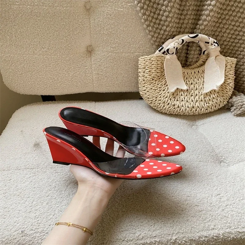 Aneikeh Fashion Women Polka Dot Wedge Mules Slippers Elegant Transparent PVC Strap Satin Backless Pumps Summer Party Dress Shoes
Aneikeh Fashion Women Polka Dot Wedge Mules Slippers Elegant Transparent PVC Strap Satin Backless Pumps Summer Party Dress Shoes