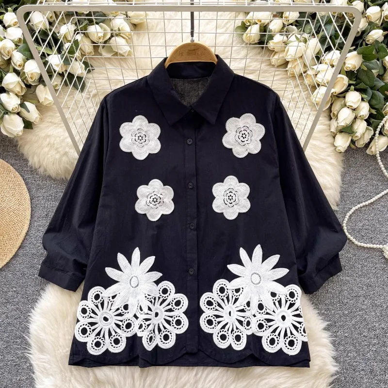 Sweet Heavy Industry Three-Dimensional Flower Embroidered Shirt Women Blouse Loose Slimming Design Chic Seven-Sleeve Female Tops
Sweet Heavy Industry Three-Dimensional Flower Embroidered Shirt Women Blouse Loose Slimming Design Chic Seven-Sleeve Female Tops