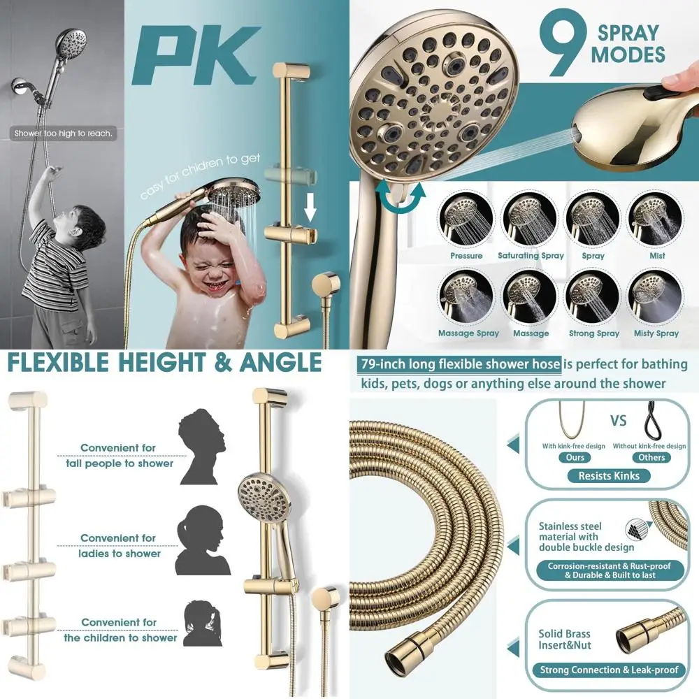 Gold 10-Setting High-Pressure Hand Shower with Adjustable 24 Slide Bar and 6.6ft Hose
Gold 10-Setting High-Pressure Hand Shower with Adjustable 24 Slide Bar and 6.6ft Hose