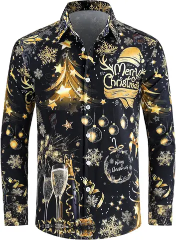 Men's New Christmas Theme Turkey Fir Tree Stars 3D Printed Long-sleeved Lapel Holiday Gift Soft Fabric Outer Shirt for Men