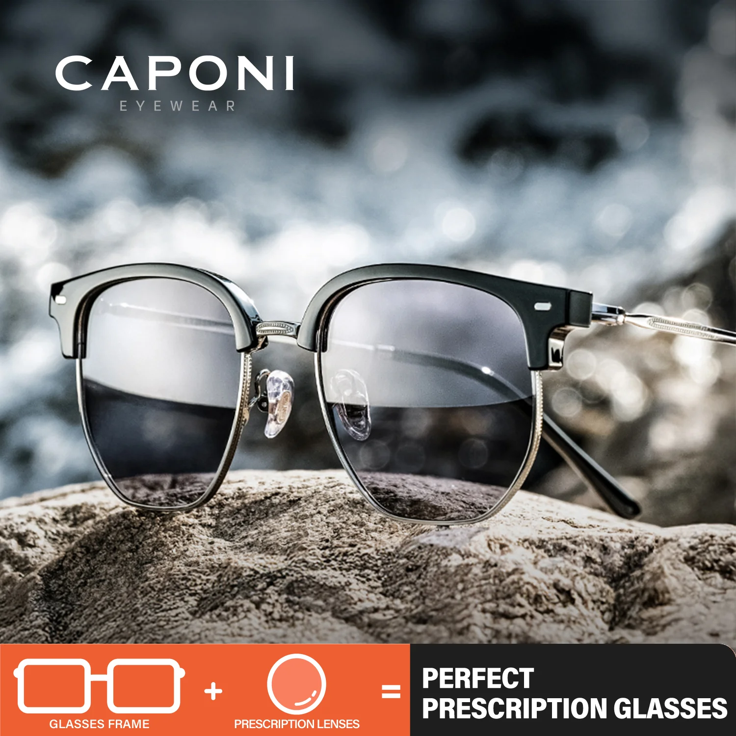 CAPONI Prescription Men Sunglasses Fashion Titanium Photochromic Polarized SunGlasses Protect UV Ray Driving Black Shades PJ4416
CAPONI Prescription Men Sunglasses Fashion Titanium Photochromic Polarized SunGlasses Protect UV Ray Driving Black Shades PJ4416