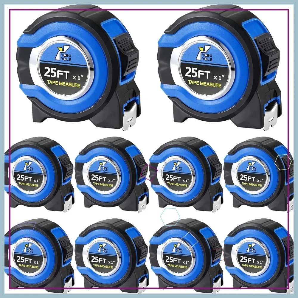 10 Pack Retractable Steel Tape Measure with Fractions, Easy Read 25 ft x 1 in Blue Ruler for Accurate Measurements