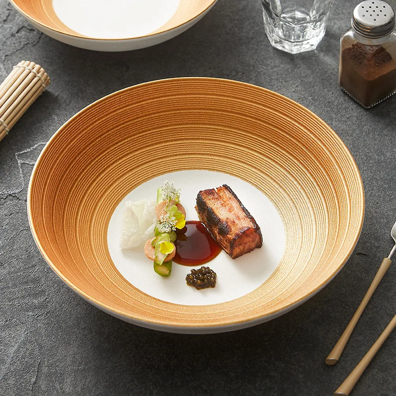 gold-painted ceramic meal bowl, rice bowl, soup household high-end hotel restaurant, simple and modern large bowl noodle bowl
gold-painted ceramic meal bowl, rice bowl, soup household high-end hotel restaurant, simple and modern large bowl noodle bowl