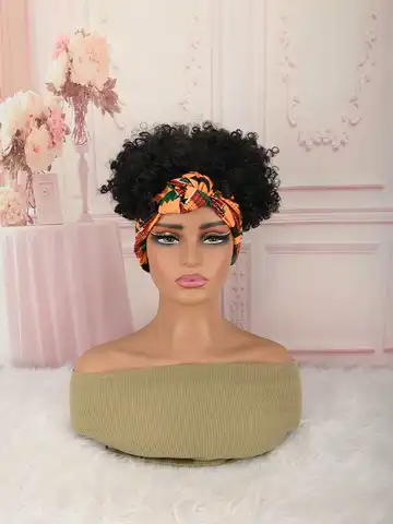 Black Afro Puff Turban Headband Wig with African Heat Resistant Kinky Curly Synthetic Wig for Daily Wear, Party Quick Hairstyle