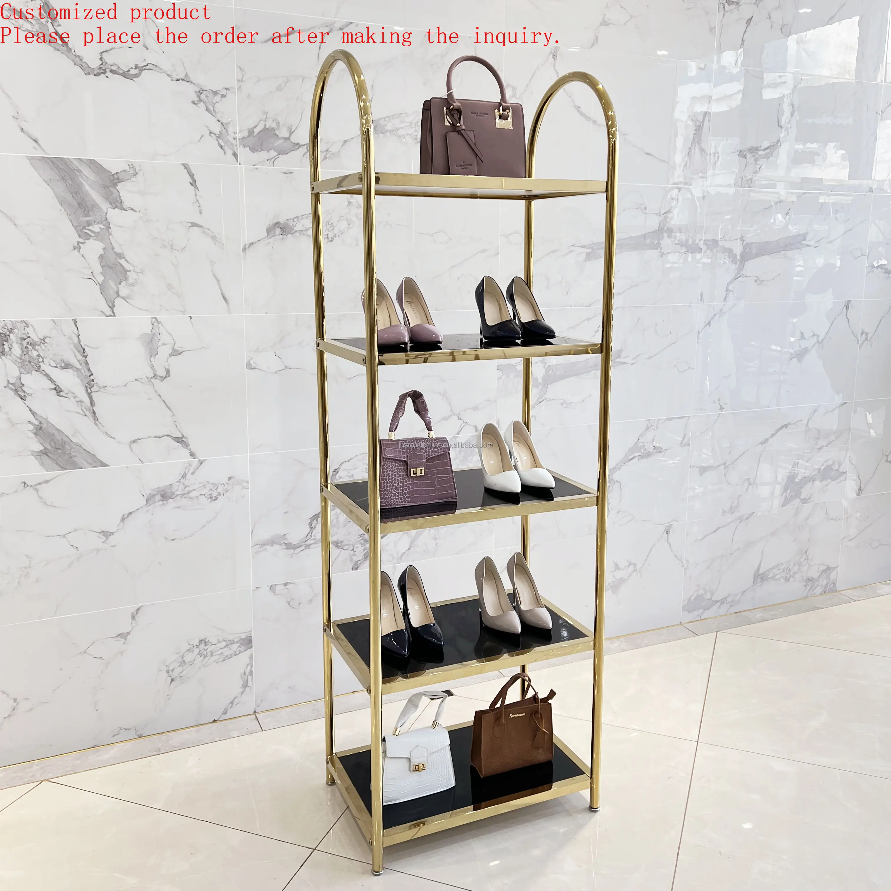 High-grade Luxury Stainless Steel Gold Shoe Bag Display Stand Black Metal Shoe Rack Shoe Organizer
High-grade Luxury Stainless Steel Gold Shoe Bag Display Stand Black Metal Shoe Rack Shoe Organizer