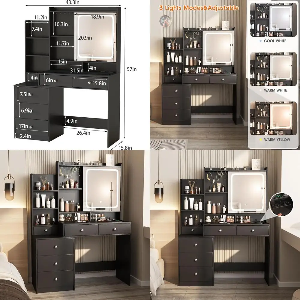 LED Lighted Makeup Vanity Desk with Mirror, Drawers, and Power Outlet in Black for Bedroom
LED Lighted Makeup Vanity Desk with Mirror, Drawers, and Power Outlet in Black for Bedroom